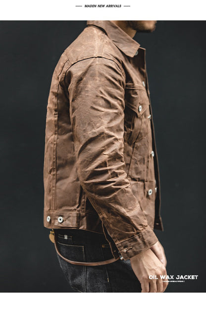 Maden Retro Heavyweight Canvas Oil Waxed Jacket Cotton Waterproof Hunting Coat Male Spring Khaki Casual Work Safari Style Jacket