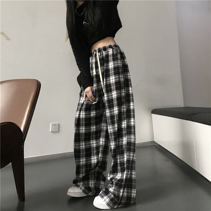 Women Black Plaid Wide Leg Pants Casual Hip Hop Elastic Waist Pockets Baggy Trousers Loose Vintage Y2K Sweatpants Streetwear