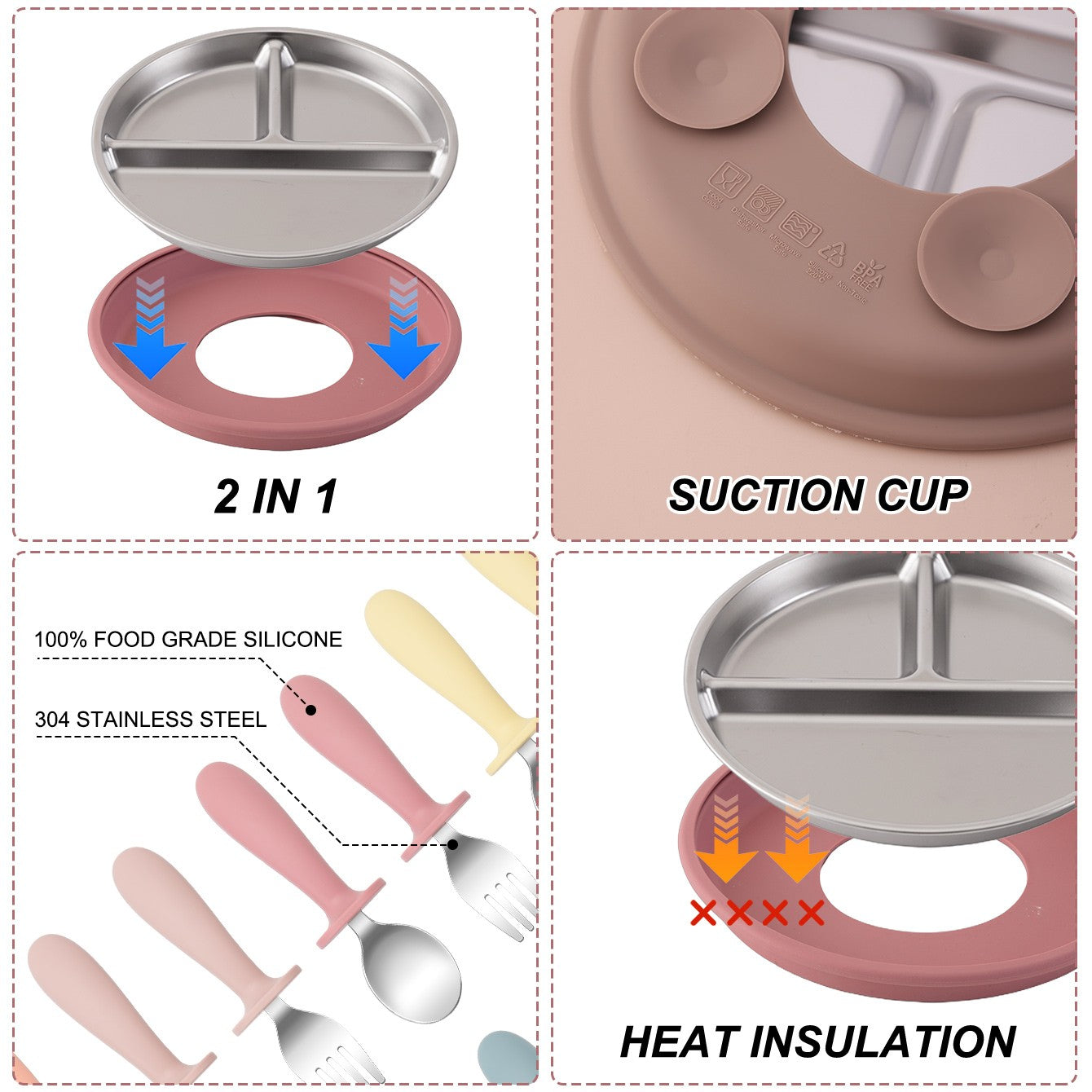 3PCS Silicone Stainless Steel Feeding Kit Toddler Sucker Feeding Dishes Plate Infant Self Feeding Training BPA Free Fork Spoon