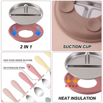 3PCS Silicone Stainless Steel Feeding Kit Toddler Sucker Feeding Dishes Plate Infant Self Feeding Training BPA Free Fork Spoon