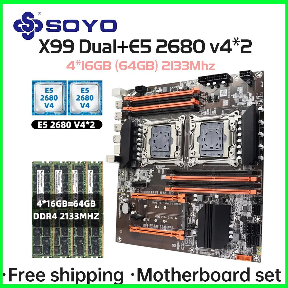 Kit Placa-mãe X99 Dual CPU lntel Xeon E5 2680 V4 e DDR4 64 GB (4*16 GB) LGA2011-3 M.2 NVME para Computador Desktop Gamer