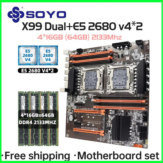 Kit Placa-mãe X99 Dual CPU lntel Xeon E5 2680 V4 e DDR4 64 GB (4*16 GB) LGA2011-3 M.2 NVME para Computador Desktop Gamer