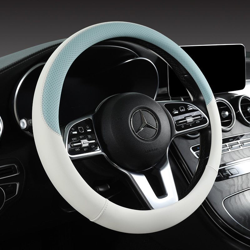 Perforated Nappa Leather Car Steering Wheel Cover Warm in Winter and Cool in Summer, Universal 15 Inch,  Anti-Slip, Odorless