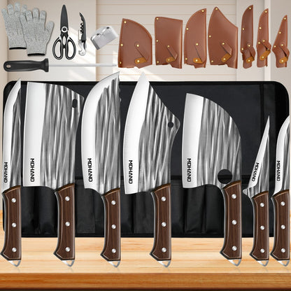 ZENG 14 Peças Faca de Cozinha Multifuncional Cutelo de Carne Forjado à Mão Faca de Chef para Desossar e Cortar para Serviço Pesado com Afiador