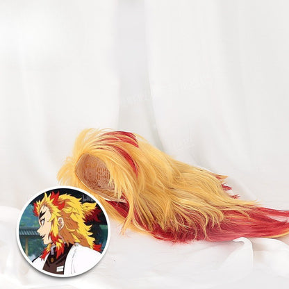 Demon Slayer Rengoku Kyoujurou Peruca Cosplay Amarelo Vermelho Sintética Curta Cacheada Peruca Anime Coser Alta Qualidade Peruca Festa Diária