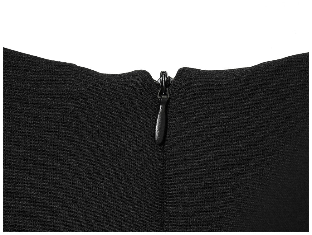 Women's black short puff sleeve mini dress with a stylish boat neckline design and pocket details, suitable for elegant occasion