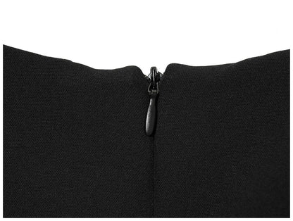 Women's black short puff sleeve mini dress with a stylish boat neckline design and pocket details, suitable for elegant occasion