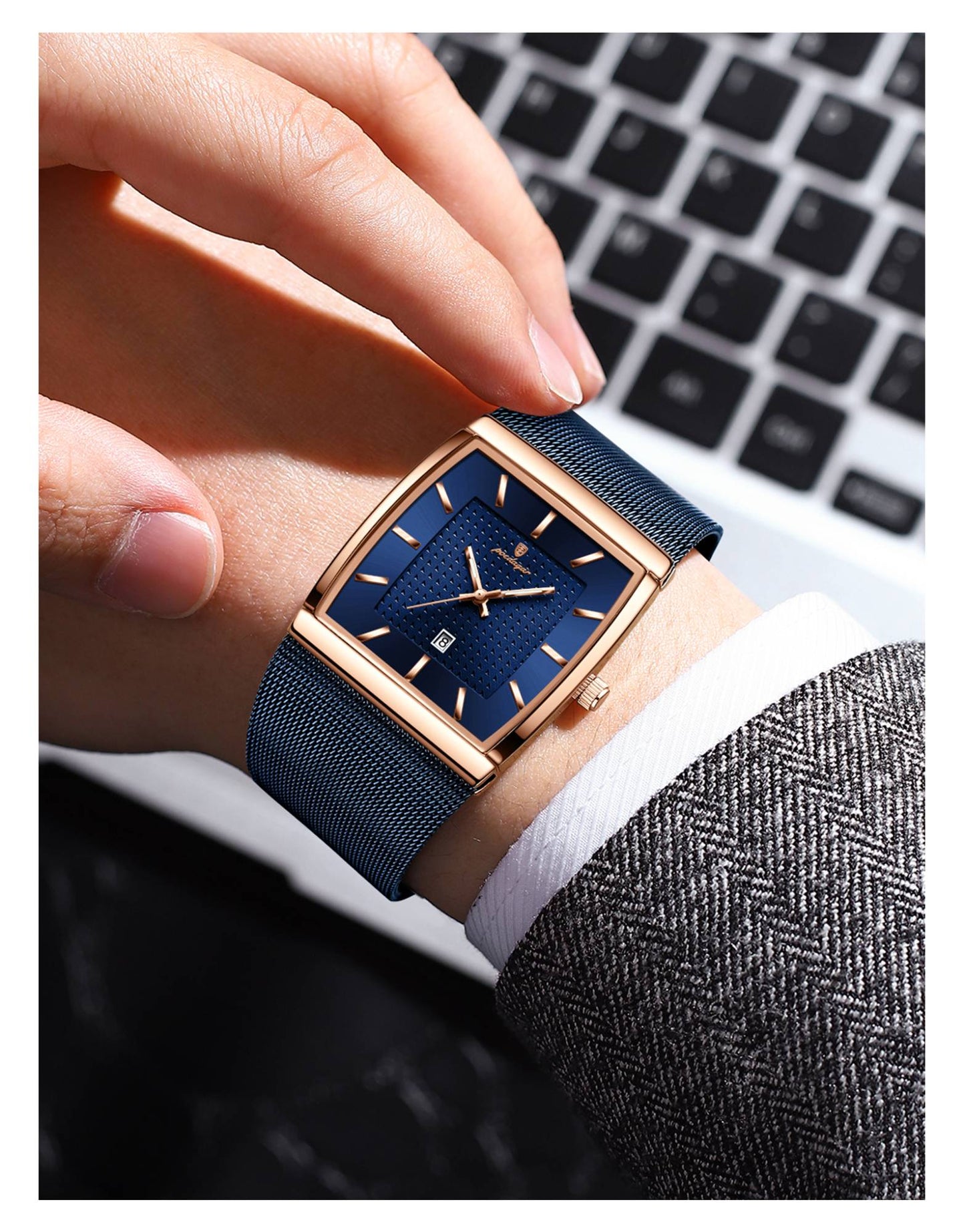 POEDAGAR Top Luxury Men Watch Stainless Steel Mesh Date Waterproof Luminous Man Wristwatch Casual Rectangle Quartz Men's Watches