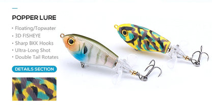 Iscas de Pesca TREHOOK 9g/16g de Superfície Whopper Popper Cauda de Hélice Dupla Giratória Isca Artificial Flutuante