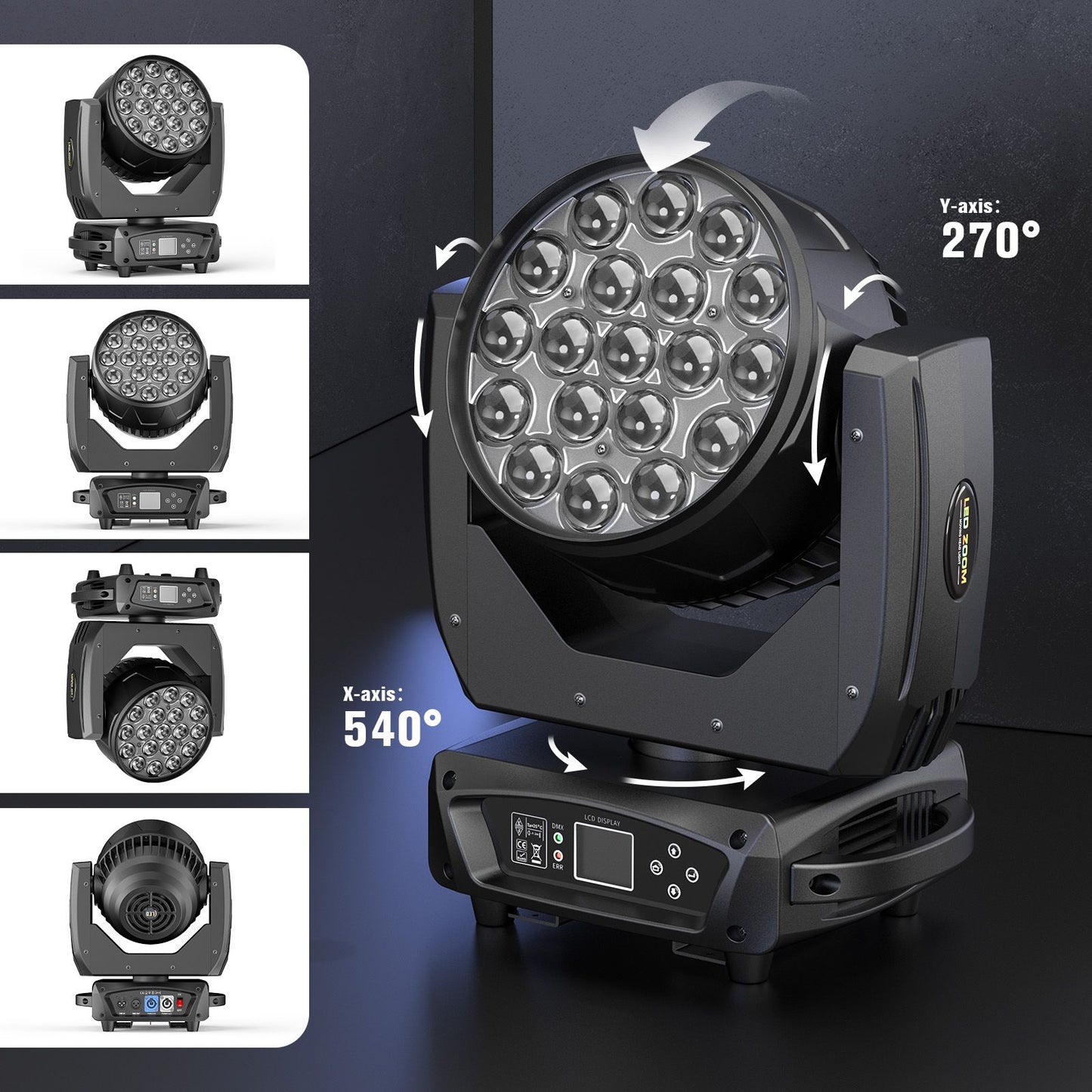2PCS 19x15W RGBW LED Moving Head Light Beam Focusing Lights Stage Effect Lighting Projector for Disco Party Concert Theater Club