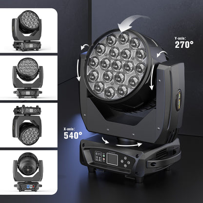 2PCS 19x15W RGBW LED Moving Head Light Beam Focusing Lights Stage Effect Lighting Projector for Disco Party Concert Theater Club
