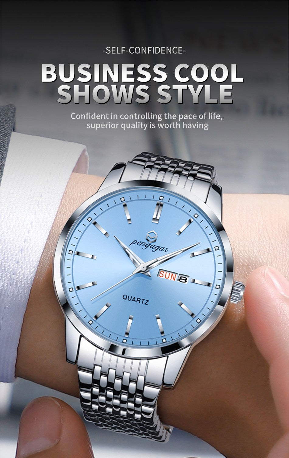 PENGAGAR Luxury Watch For Man Waterproof Luminous Date Week Stainless Steel Men Watch Casual Quartz Men's Watches Male Clock+box