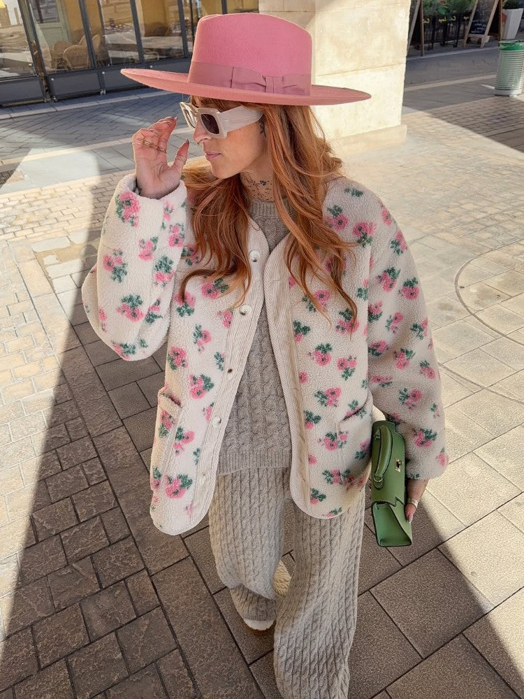 Women Printed Short Fleece Jacket Fashion Casual Round Neck Single Breasted Pocket Loose Jackets Lady Daily Commute Office Coat