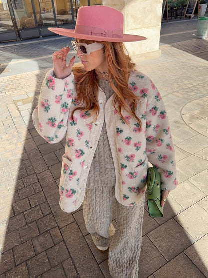 Women Printed Short Fleece Jacket Fashion Casual Round Neck Single Breasted Pocket Loose Jackets Lady Daily Commute Office Coat