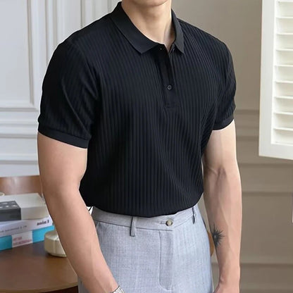 New Vertical Stripe Knit Polo Men's Shirts Summer Slim Solid Color Breathable Turn-Down Collar Business Short Sleeve Polo Tops