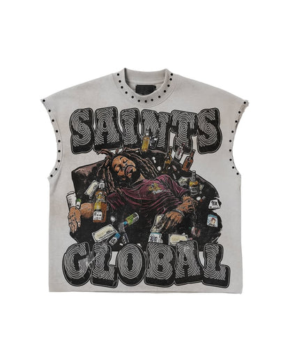 Y2K Popular Willow Nail Round Neck Vest T Shirt Retro Punk Hip Hop Oversized Printed Pure Tops Classic Loose Sleeveless T Shirt