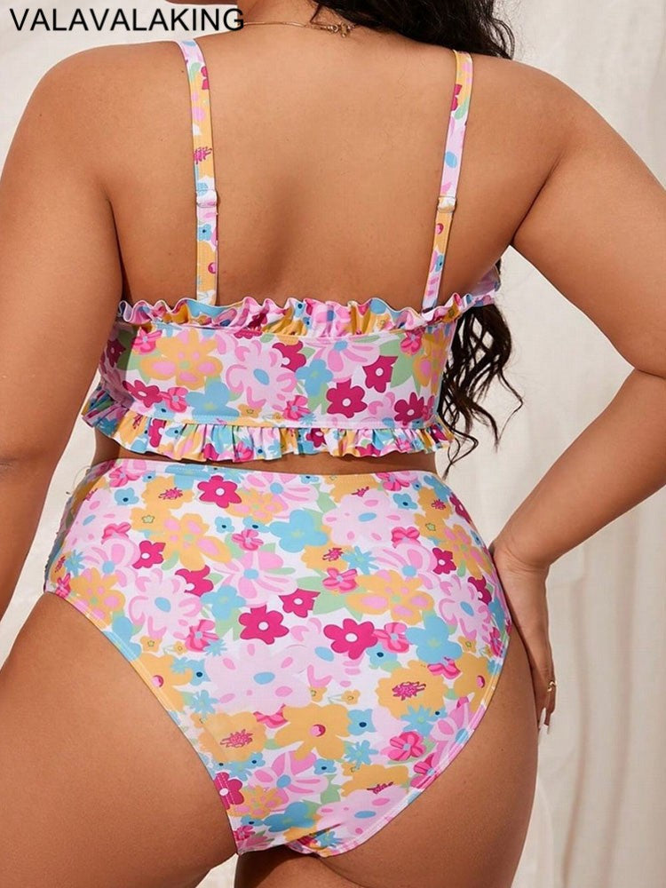 2025 Print 2 Piece Plus Size Bikini Women Verge Strapped Large Swimsuit High Waist Lady Swimwear Beach Chubby Curvy Bathing Suit