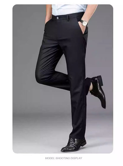 Calça Masculina Elástica Preta Lisa Casual Inteligente Calça Social Masculina para Escritório de Secagem Rápida Calça Coreana Reta Nova Primavera Outono
