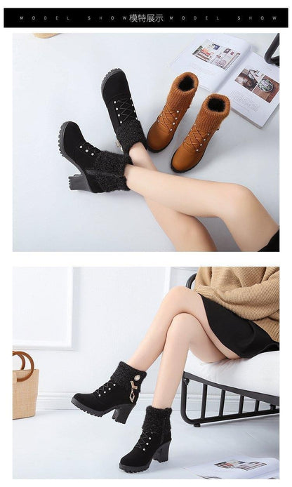 Women's Designer High Heels Shoes 2023 Winter New Warm Non-slip Block Cow Suede Warm Snow Boots Fashion Crystal Plush Goth Botas