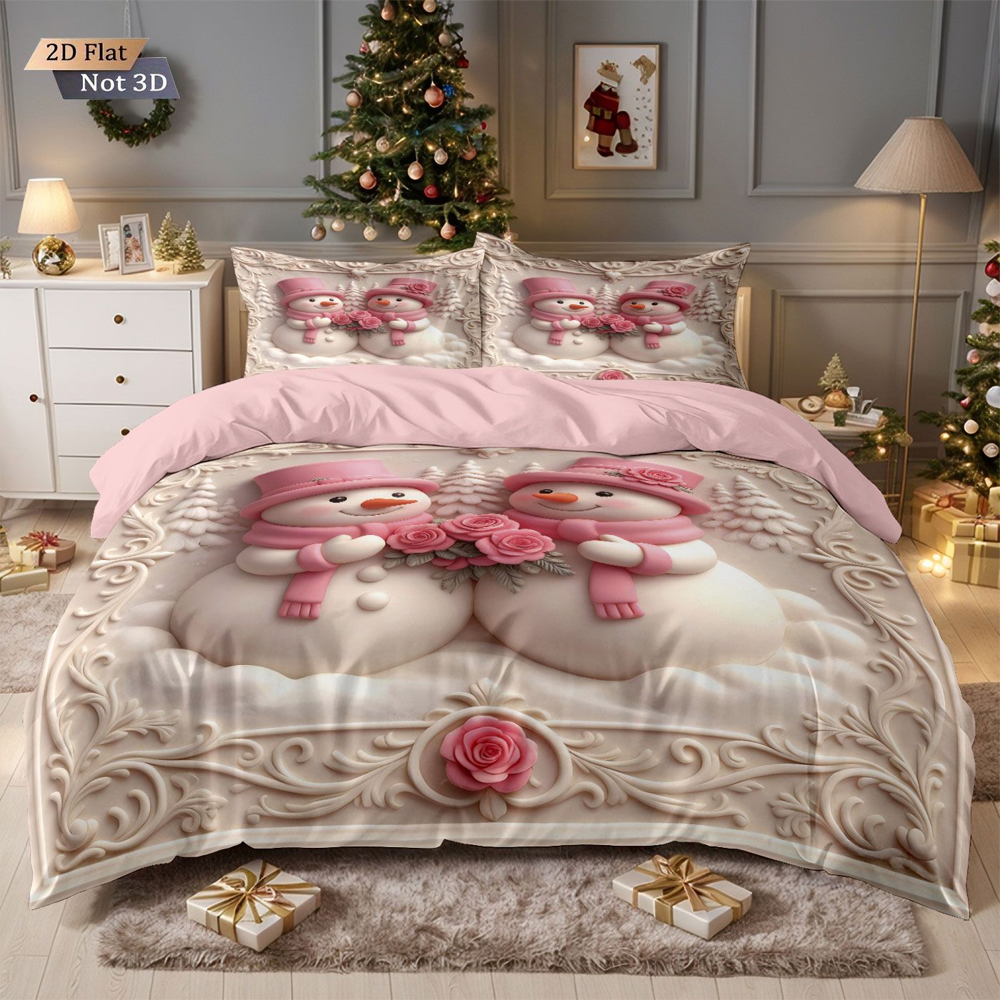 3pcs imitation relief pink Christmas snowman print coreless bedding set, multi size bedroom bedding decoration, machine washable
