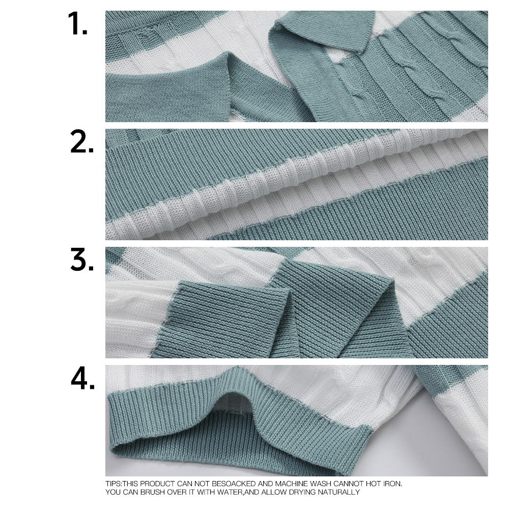 Men's Polo Short Sleeve Retro Knit Lapel Striped Short Sleeve Fashion Popular Knitwear Casual Breathable Top US Size