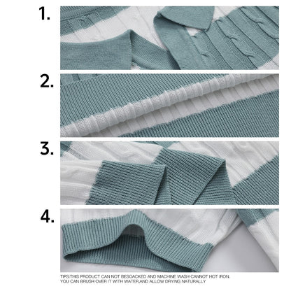 Men's Polo Short Sleeve Retro Knit Lapel Striped Short Sleeve Fashion Popular Knitwear Casual Breathable Top US Size