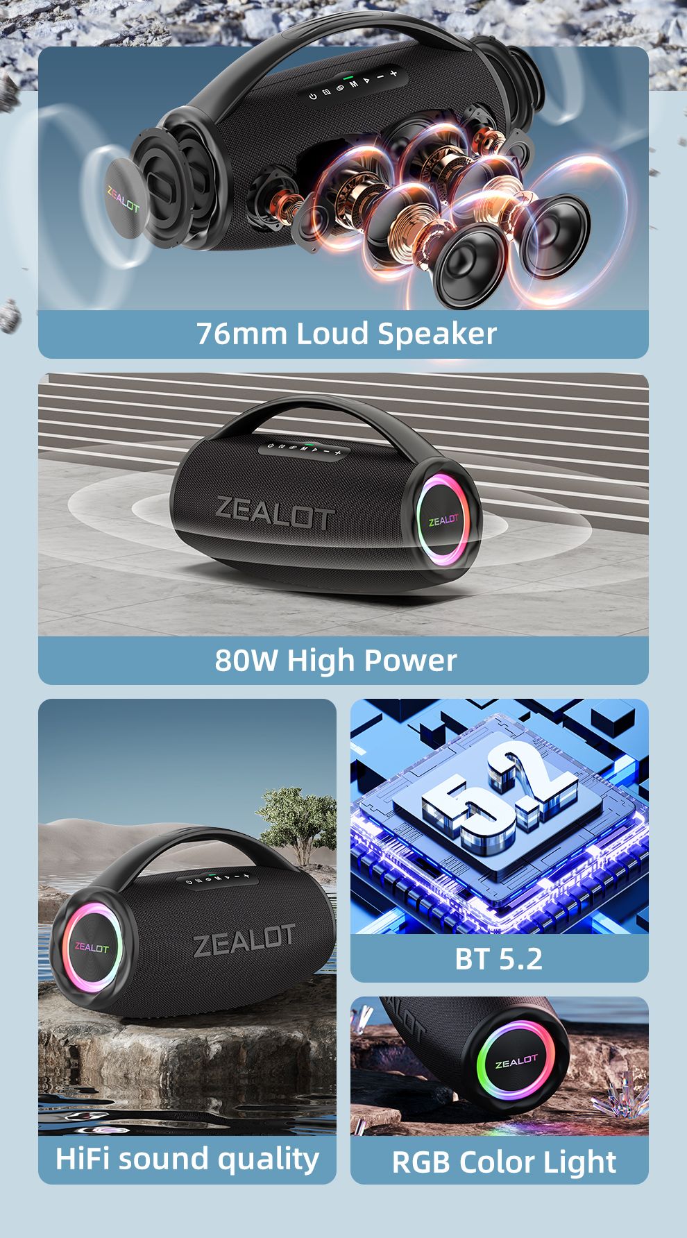 Caixa de som sem fio ZEALOT S97 80W, alto-falante subwoofer portátil para uso externo, qualidade de som Hi-fi, emparelhamento duplo, carregamento rápido, 16000mAh.