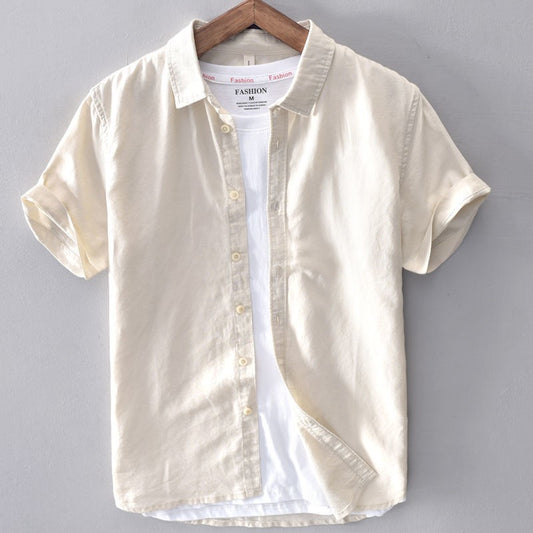 100% Linen Short Sleeve Shirt Men Cotton Linen Clothing Top Casual Summer Half Sleeve Shirt Loose Style Square Collar