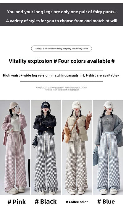 High Waist Wide Leg Pants Women's Autumn Winter New Style Lazy Casual Fleece Woolen Plaid Trousers Fashionable Comfortable