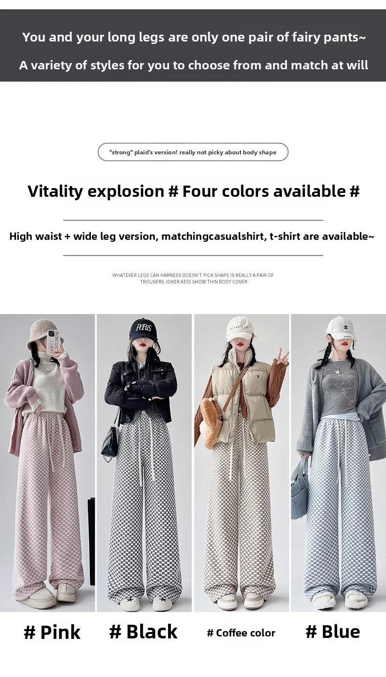 High Waist Wide Leg Pants Women's Autumn Winter New Style Lazy Casual Fleece Woolen Plaid Trousers Fashionable Comfortable