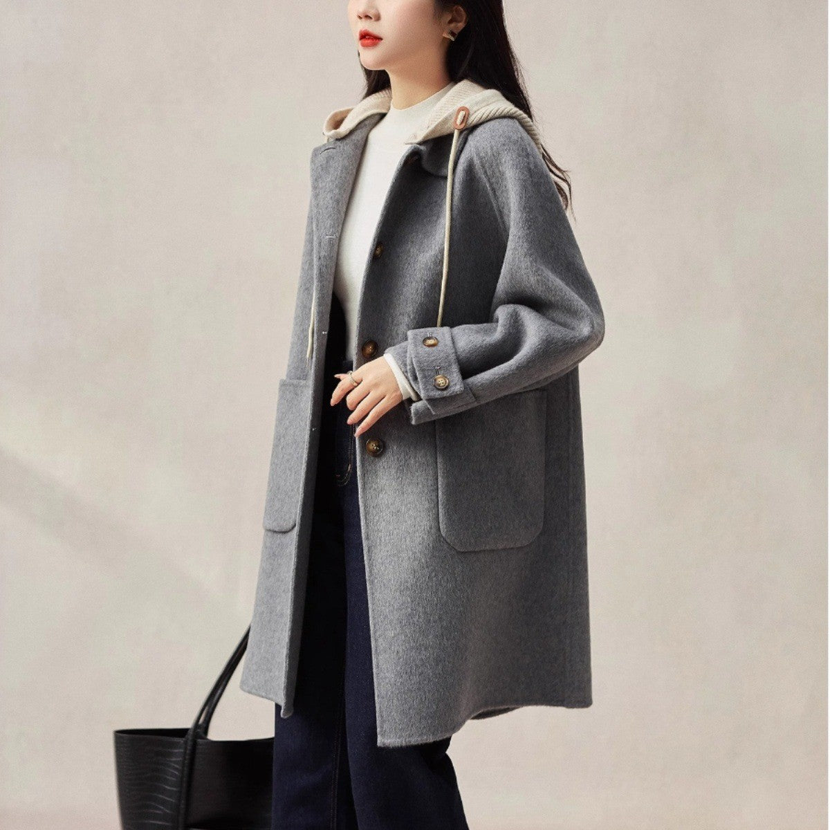 New Women Double-sided Cashmere Coat Female Solid Long Hooded Single Breasted Warm Woolen Coats Loose Tide Autumn Winter