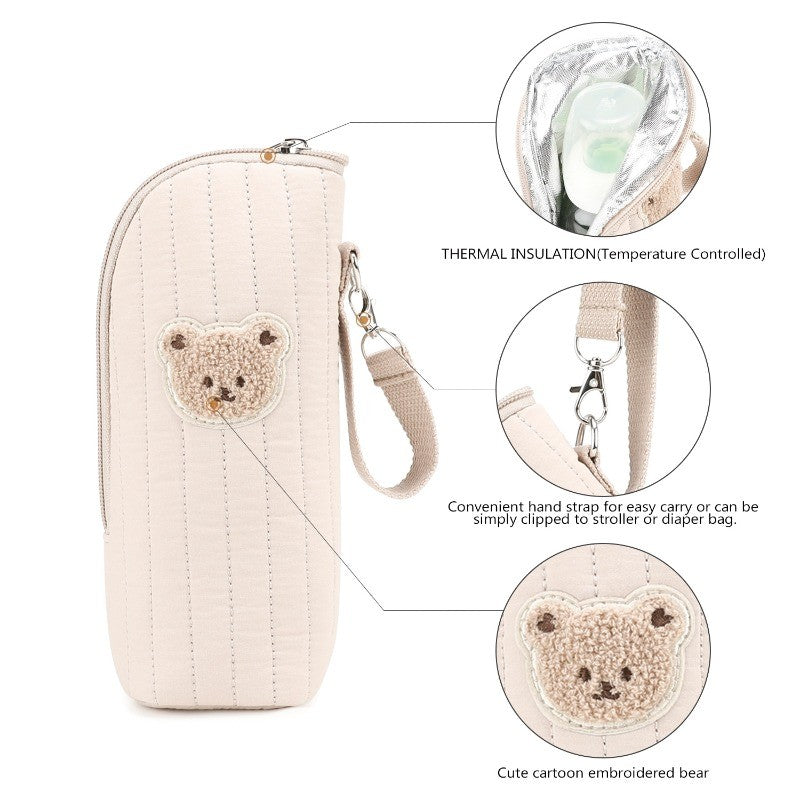 Cute Bear Design Baby Bottle Tote Bag with Aluminum Foil Insulation Bags Water Bottle Thermal Storage Pouch with Stroller Hook
