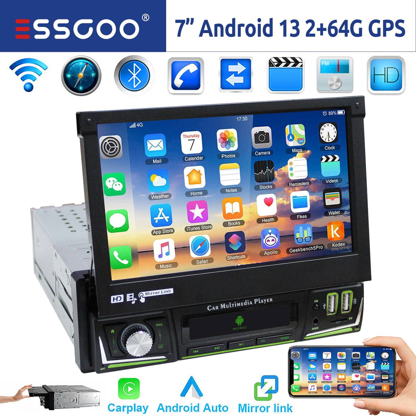 ESSGOO 1 DIN 7 Polegadas Flip Out Tela Touchscreen 4+64G Android 14 Rádio Estéreo Automotivo Apple Carplay GPS Navi Wifi FM RDS Bluetooth USB EQ