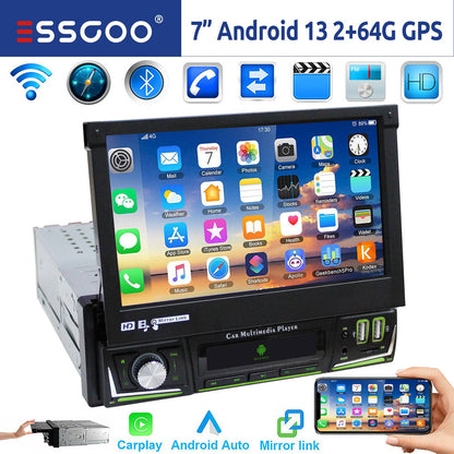 ESSGOO 1 DIN 7 Polegadas Flip Out Tela Touchscreen 4+64G Android 14 Rádio Estéreo Automotivo Apple Carplay GPS Navi Wifi FM RDS Bluetooth USB EQ