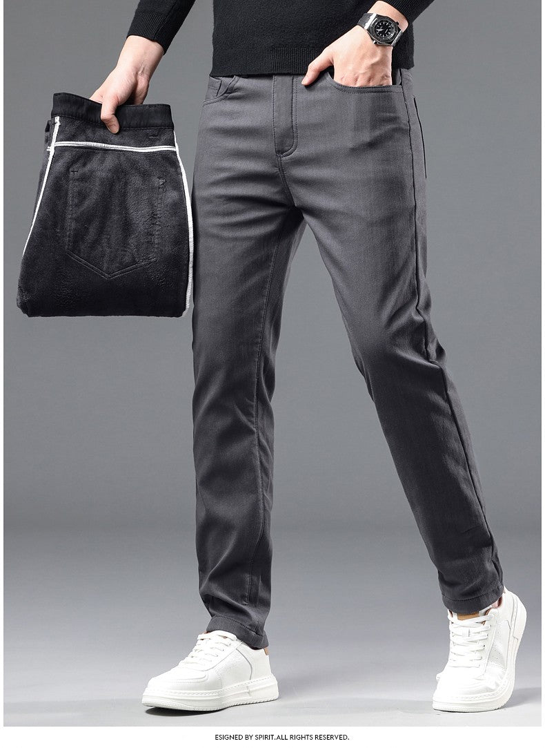 Fleece Pants Men's Winter Thick Slim Elastic Business Casual Velvet Pants Warm Fashion Solid Color Plush Trousers Male