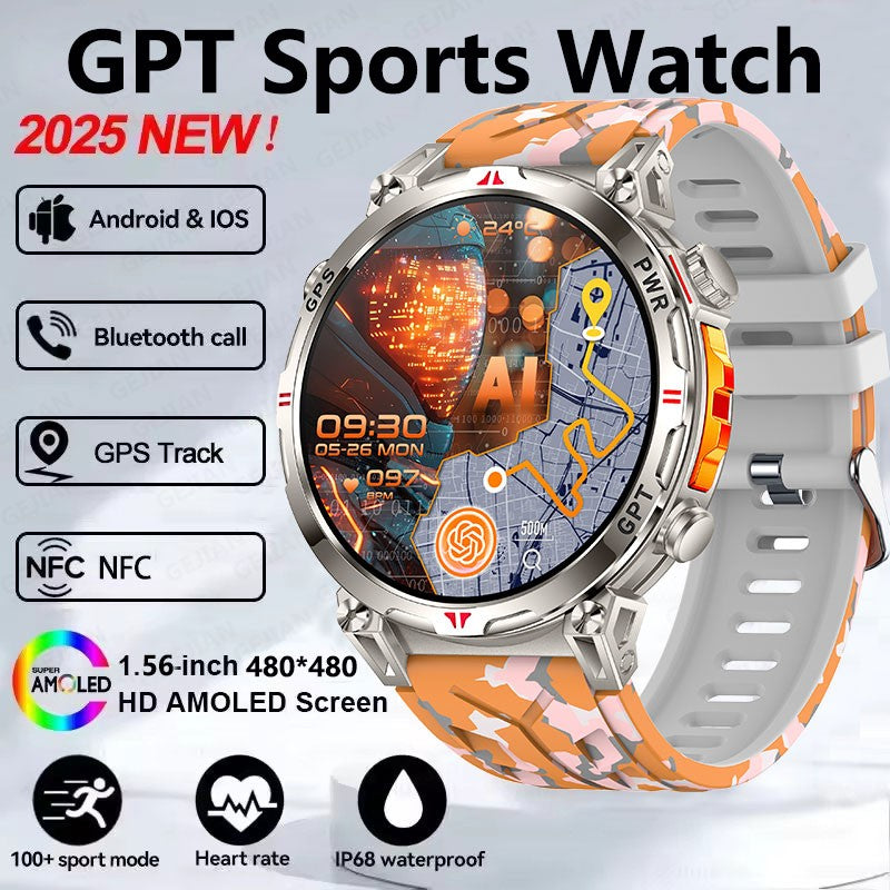 Smartwatch Esportivo 2025 com GPS, GPT, AMOLED de 1,56 polegadas, 488*488, Monitoramento de Frequência Cardíaca, Oxigênio no Sangue e Pressão Arterial, 3ATM