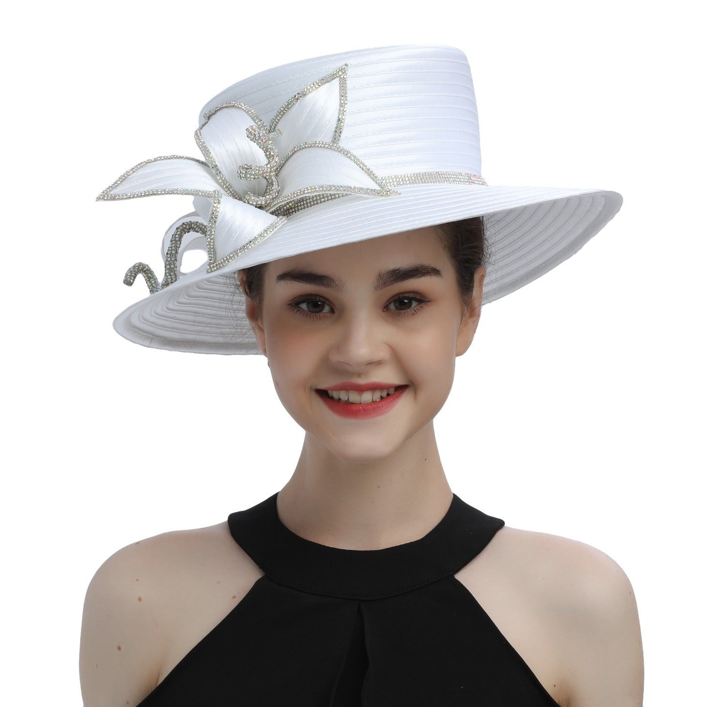 Deluxe New White Church Hat Party Banquet Satin Cloth Photography Hats Premium Chains Formal Hat Flower Top Cap For Women Ladies