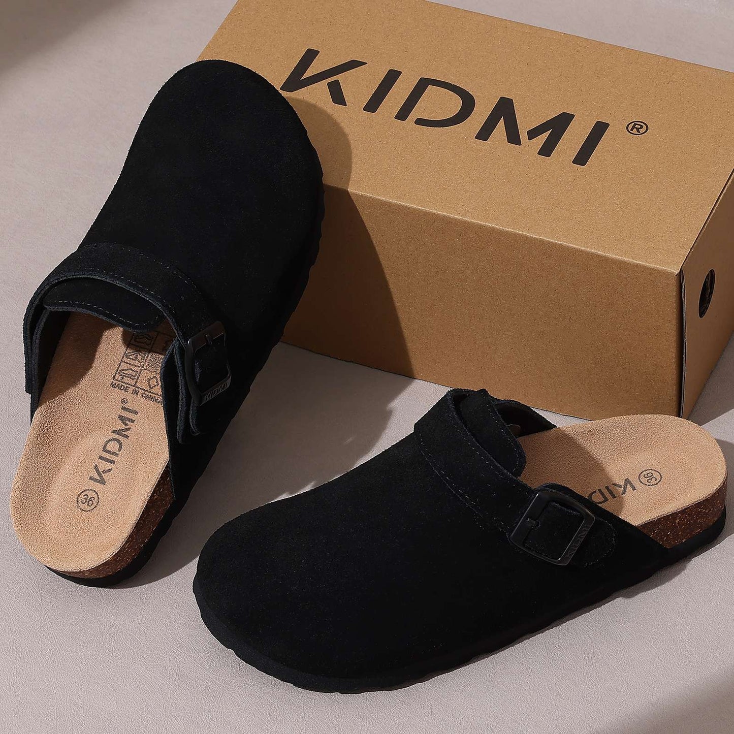 Comwarm Cow Suede Women Clogs With Adjustable Buckle Cork Footbed Leather Mules Comfort Slip on Women Slippers Summer Cork Clogs