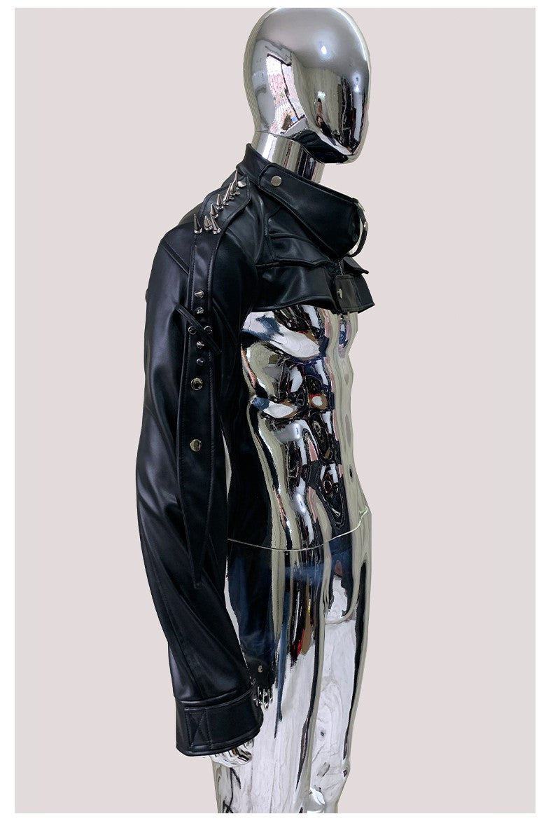 Mauroicardi Cool Black Cropped Pu Leather Jacket Men Rivet Shoulder Pads Zip Up Short Luxury Punk Style Clothes European Fashion