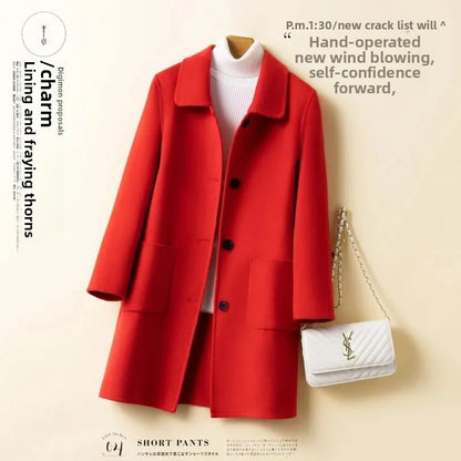 High-End Korean Style Double-Faced Cashmere Woolen Coat for Women Mid-Length Thickened Polyester Fiber Winter Outerwear