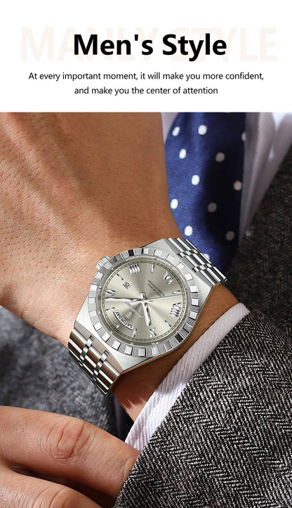 POEDAGAR Luxury Business Man Watch Week Date Waterproof Luminous Watches For Men Stainless Steel Quartz Fashion Men's Wristwatch