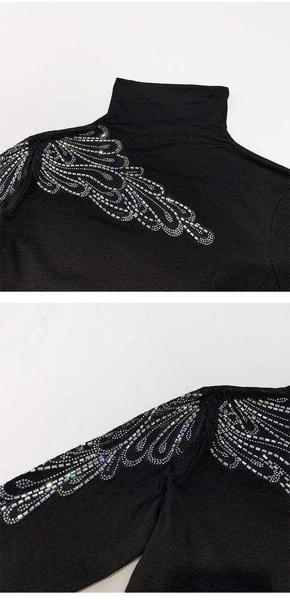 2025 European Station Long Sleeve Women Tees Autumn Winter New Stand collar Hot Diamond T Shirt Fashion Slim Mesh Tops