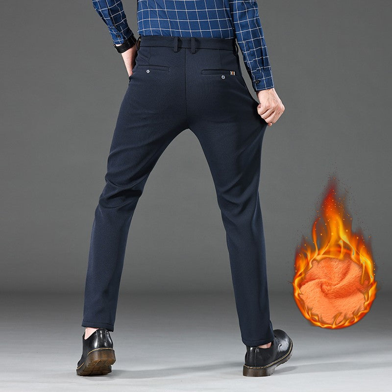 Winter Warm Men's Fleece Plush Pants Business Fashion Classic Style Black Blue Thick Warm Stretch Trousers Male Brand Clothing