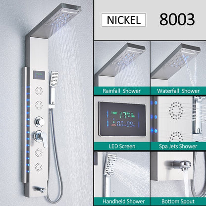 Sistema de Torre de Painel de Chuveiro de LED Coluna de Chuveiro de Cascata de Chuva com Tela LCD de Hidroeletricidade com Torneira de Chuveiro de Spa de Corpo com Massagem