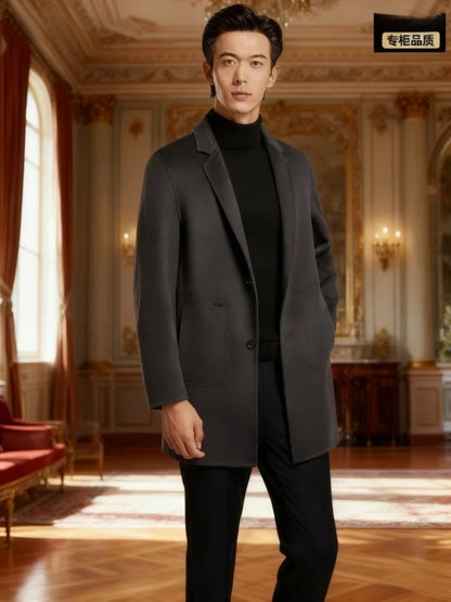 Men's 100% Wool Blend Overcoat - British-Inspired Mid-Length Trench Coat for All-Weather Smart Casual Wear