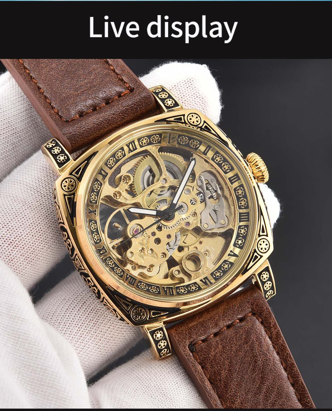 LONGLUX automatic watch retro style wholesale mechanical wristwatches skeleton carve waterproof leather no logo mens watch