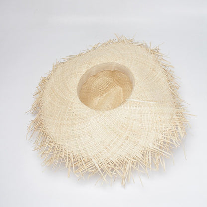 WZCX Feito à Mão Borla Feminina Chapéus de Sol de Palha Aba Larga Grande Chapéu de Palha Natural de Ráfia Panamá Praia Chapéus de Sol Para Feriado