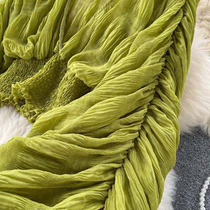 Summer Sexy Draped Chiffon Blouse For Women Elegant V-Neck Puff Long Sleeve Short Tops Female Slim Party Shirts 2022 New Fashion