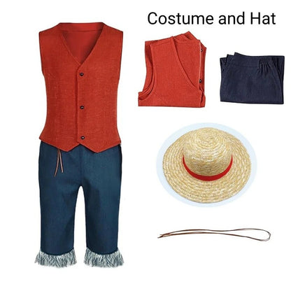 Monkey D Luffy Cosplay Costume for Men Adult Anime Outfit Halloween Party Red Vest Shorts Straw Hat Rope Set