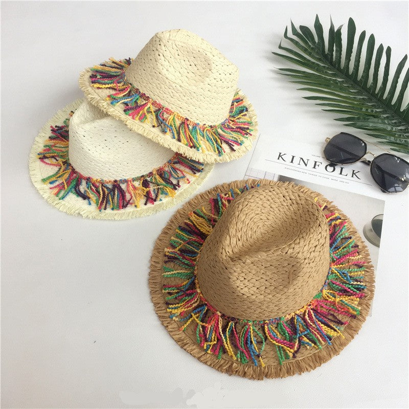 2024 Chapéu de Palha Decorado com Fita de Borla Colorida, Chapéu de Sol com Proteção, Chapéu de Praia Feminino Moderno, Boné Jazz de Verão para Mulher